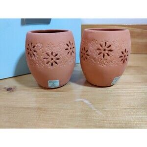 PartyLite TERRACE BLOSSOM Pair Terra Cotta Tealight Candle Holder P8857